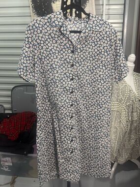 Classic Navy Floral Short-Sleeve Button down dress cottagecore handmade VTG